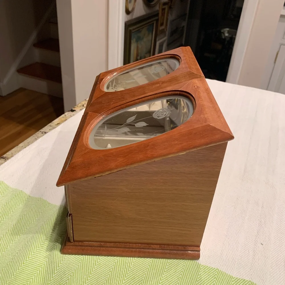 Vintage Jewelry Box, Etched Roses Glass doors Wooden Jewelry Box